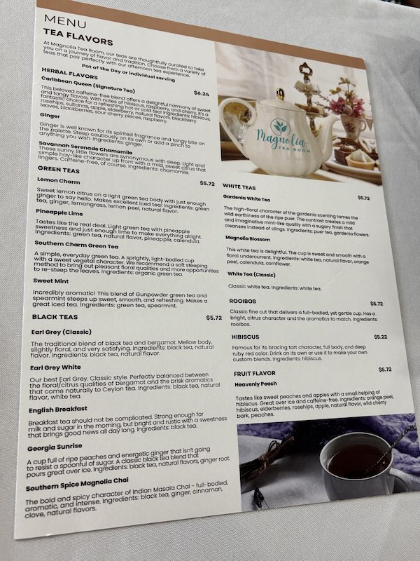 tea list at afternoon tea at Magnolia Tea Room in McDonough, Georgia