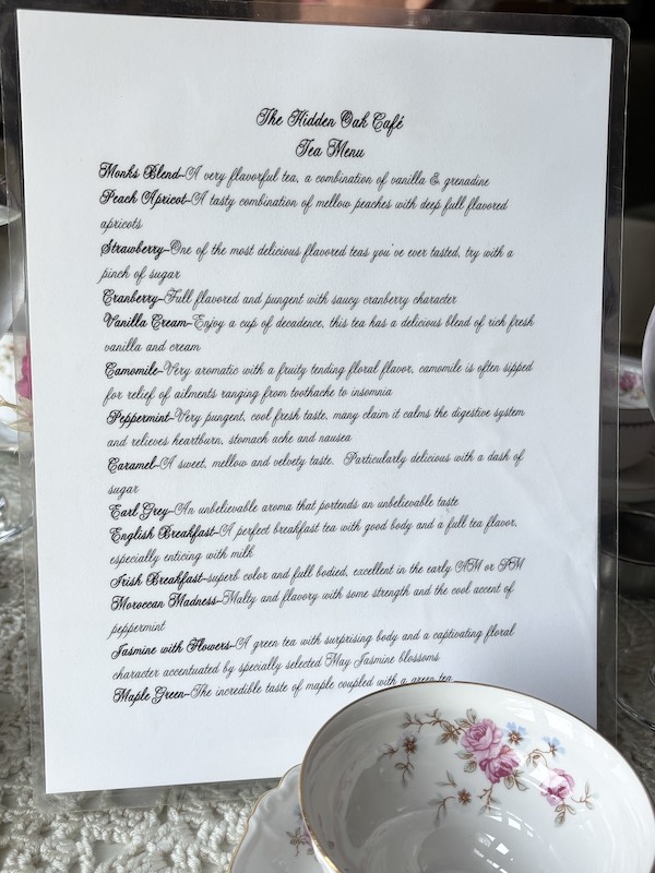 afternoon tea at Bayard Cutting Arboretum, Hidden Oak Cafe in Great River, New York
