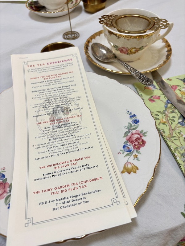 afternoon tea menu at Afternoon Tea at Mimi's Table & Garden Tea Room in Sylacauga, Alabama