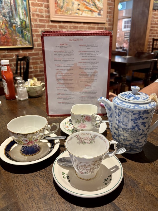 teapot and teacups at Swing the Teapot in Floral Park, New York