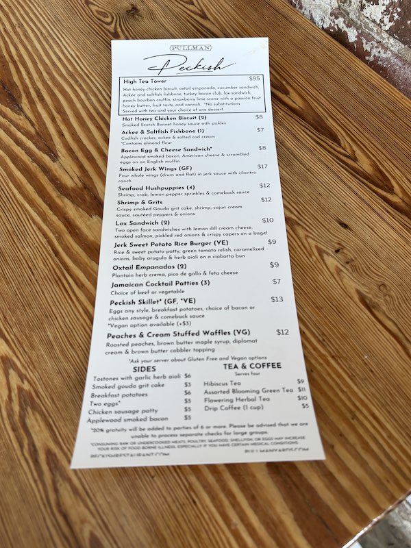 brunch menu at Peckish in Atlanta, Georgia