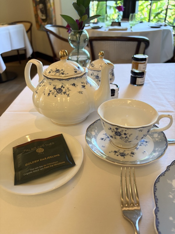 teapot and teacup at afternoon tea at The Brazilian Court's Cafe Boulud in Palm Beach, Florida