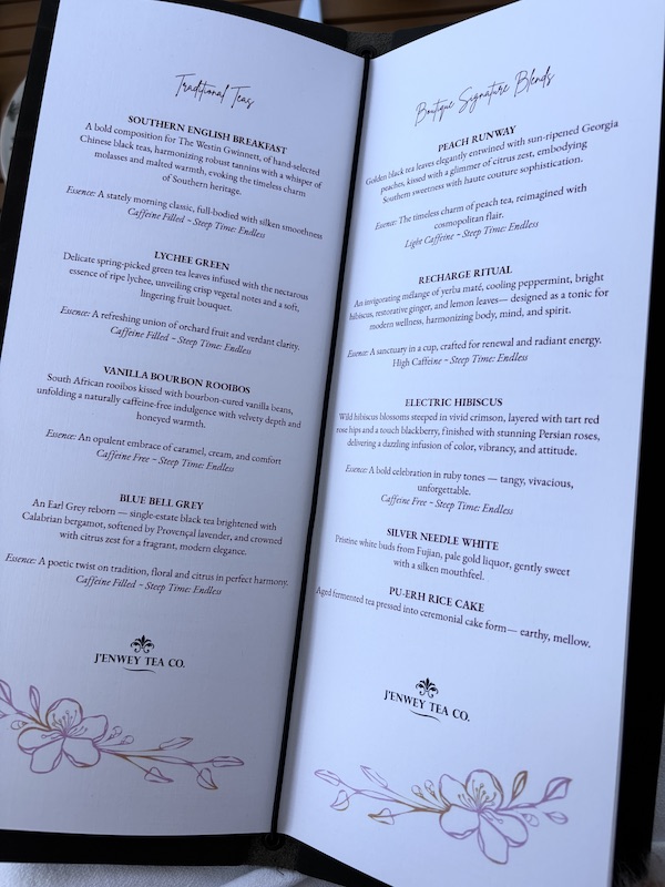 tea list at afternoon tea at The Westin Atlanta Gwinnett, Overstory Rooftop Bar