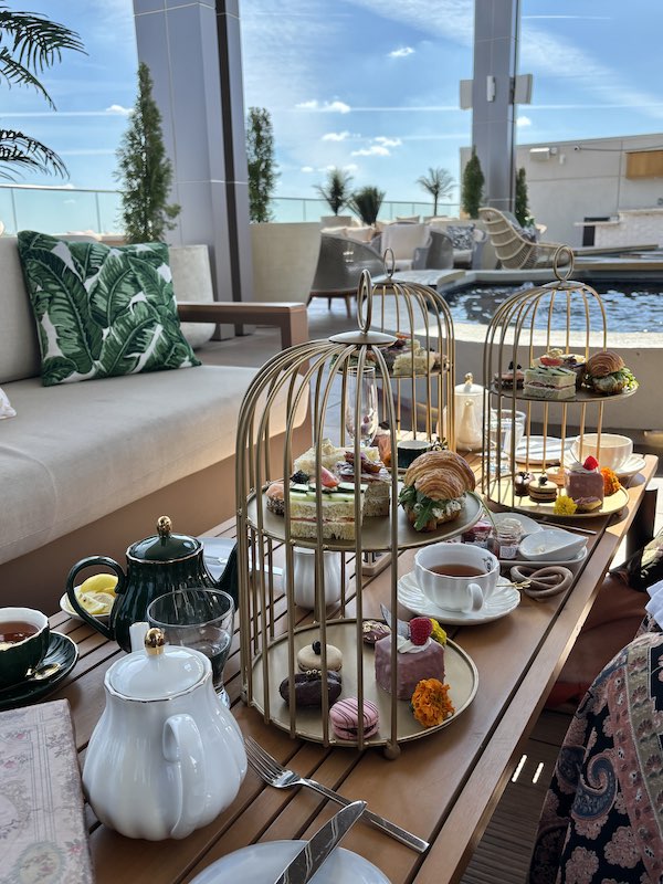 birdcage tiered trays at afternoon tea at The Westin Atlanta Gwinnett, Overstory Rooftop Bar
