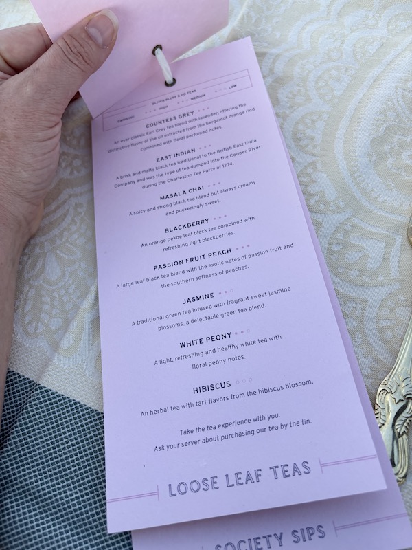 tea selection at afternoon tea at The Loutrel in Charleston, South Carolina