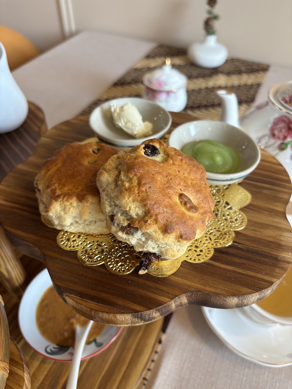 scones with pandan jam at afternoon tea at Gula Indonesian Desserts on Buford Highway in Atlanta, Georgia