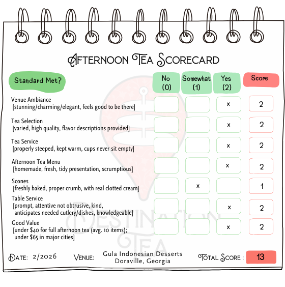 Destination Tea's afternoon tea rating for Gula Indonesian Desserts on Buford Highway in Atlanta, Georgia