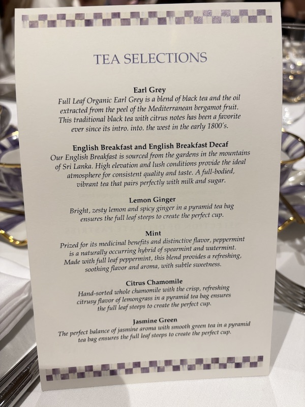 tea selection at afternoon tea at Delamar West Hartford, Artisan in Connecticut