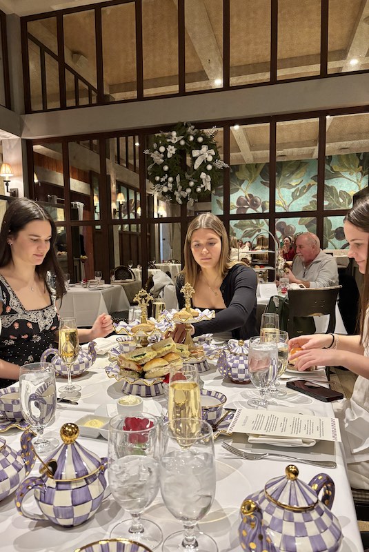 MacKenzie-Childs plum check collection at afternoon tea at Delamar West Hartford, Artisan in Connecticut