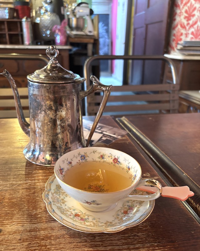 silver teapot and tea at Titanic afternoon tea at Chocolate Pi in Tampa, Florida