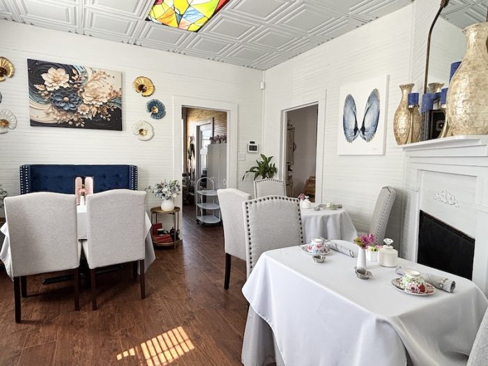 blue and white tearoom in Anna's Tearoom in Springfield, Georgia.