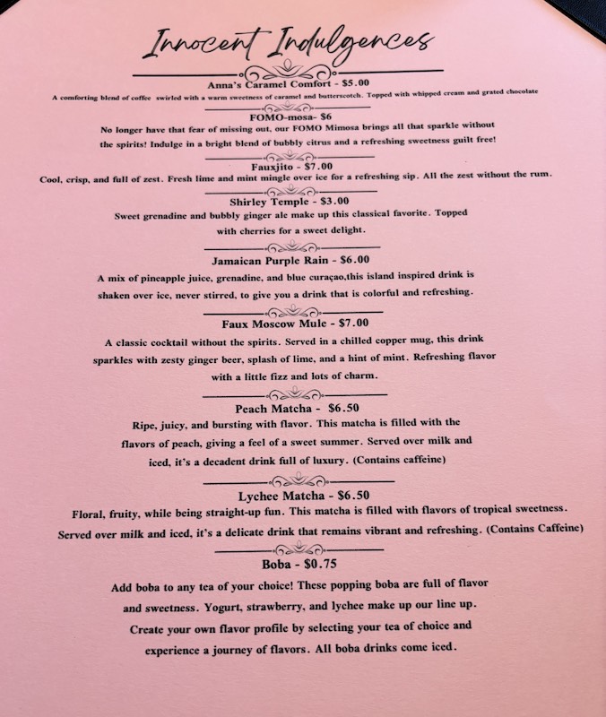 mocktails and tea drinks at afternoon tea at Anna's Tearoom in Springfield, Georgia.