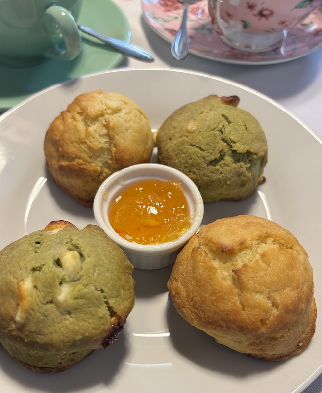 two scone flavors at afternoon tea at Anna's Tearoom in Springfield, Georgia.