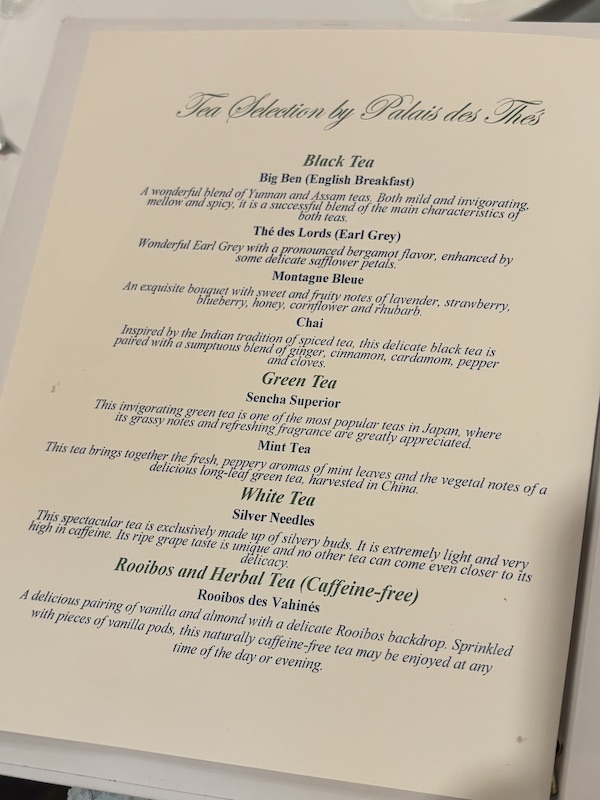 Palais des Thes tea list at afternoon tea at The Ritz-Carlton New Orleans
