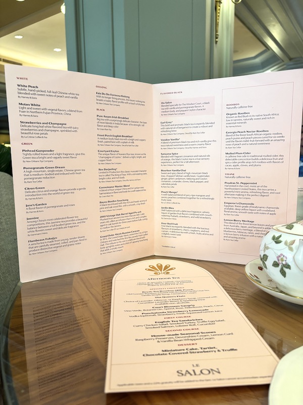 tea list at afternoon tea at The Windsor Court, Le Salon in New Orleans, LA