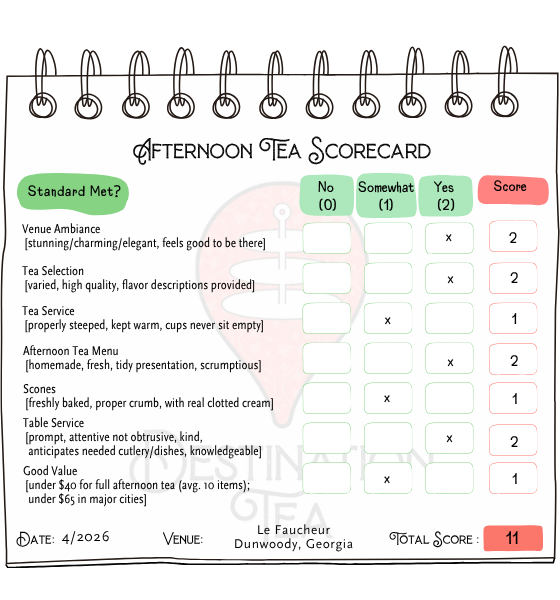 Destination Tea's Afternoon Tea Scorecard for Le Faucheur in Dunwoody, Atlanta, Georgia