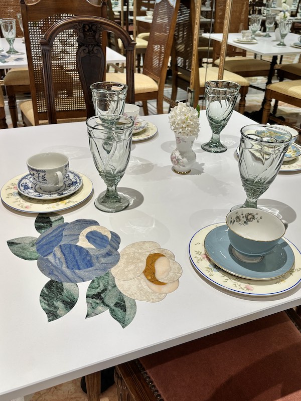 custom tables at afternoon tea at Le Faucheur in Dunwoody, Atlanta, Georgia