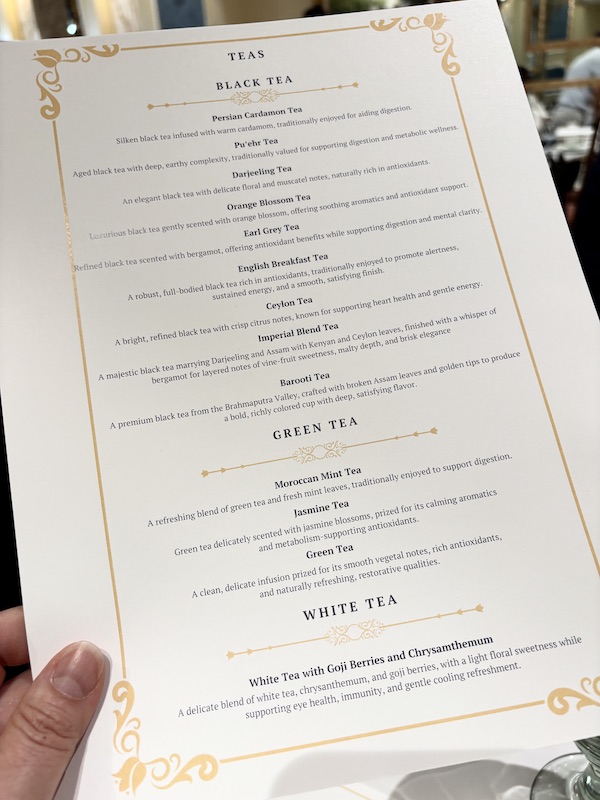 tea menu at afternoon tea at Le Faucheur in Dunwoody, Atlanta, Georgia