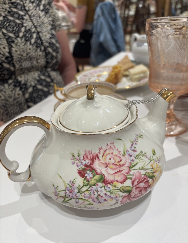 teapot at afternoon tea at Le Faucheur in Dunwoody, Atlanta, Georgia