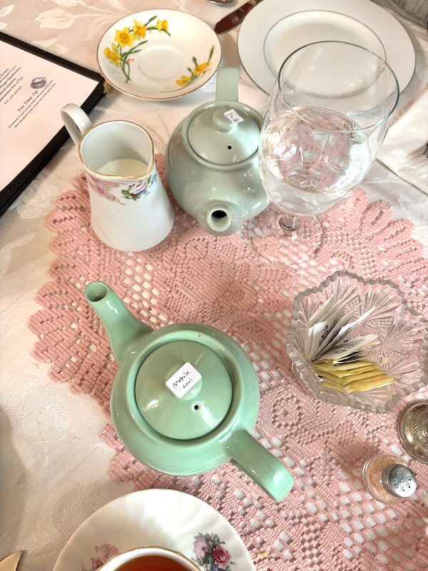 labeled teapots at Smith-Byrd House in Prattville, Alabama
