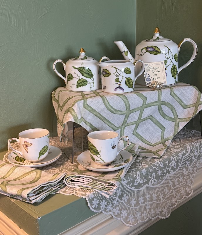 teasets for sale at Stillwater Tea House at Rose Cottage in Suffolk, VA