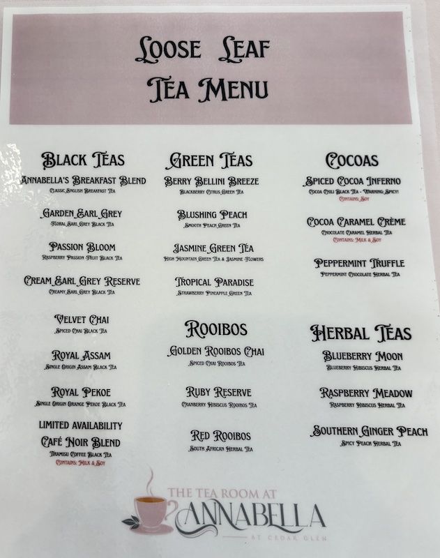loose leaf tea menu at Annabella at Cedar Glen in Huntsville, AL