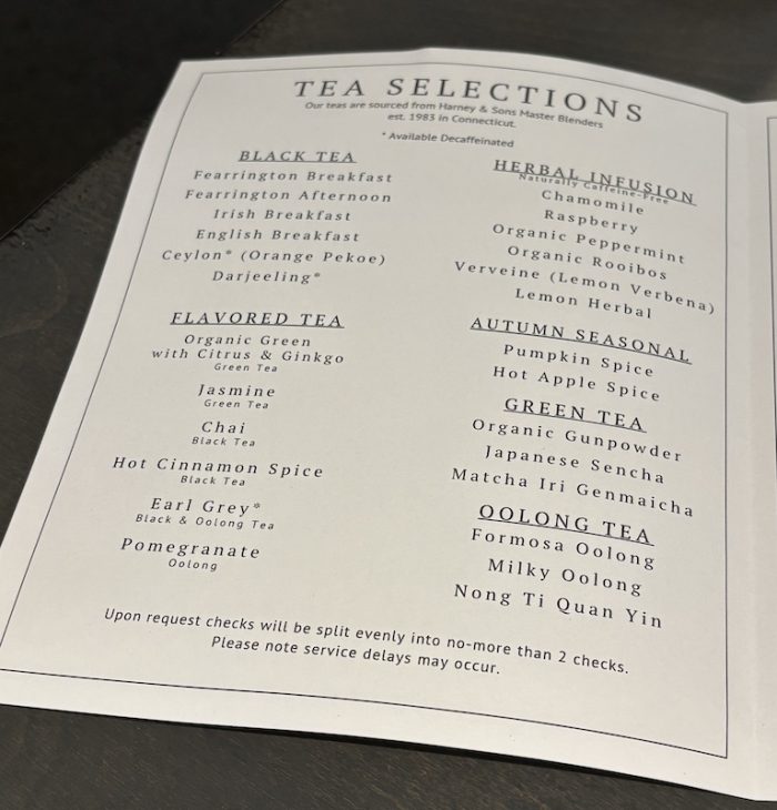tea menu at The Fearrington House Restaurant in Pittsboro, North Carolina